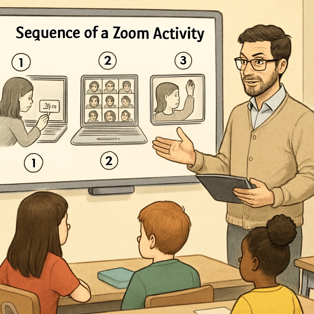 Teacher utilizing digital tools to assist with Zoom activity sequence reconstruction.