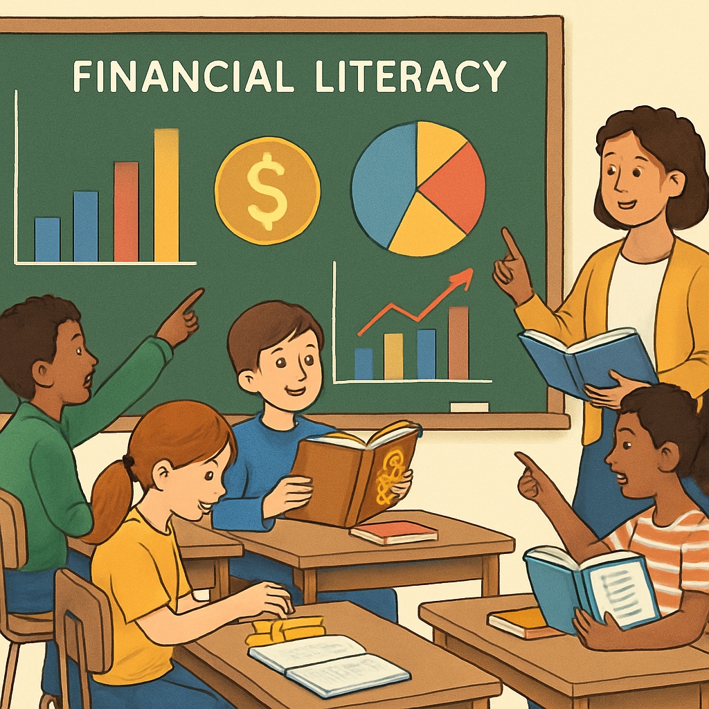 A classroom with students learning financial literacy through interactive activities. Students engaging in a financial literacy workshop, part of K12 education.