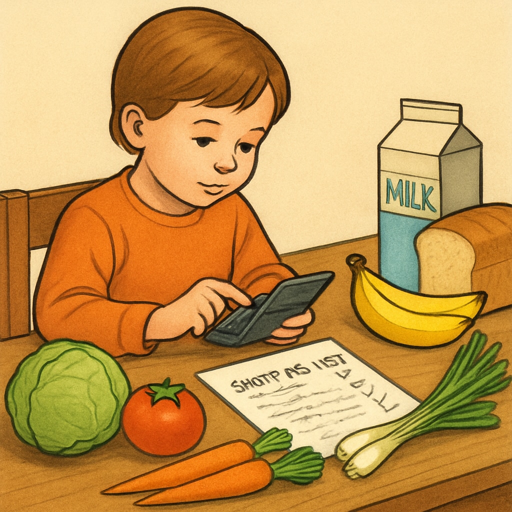 A young child calculating a grocery budget with a calculator and a shopping list, emphasizing the practical value of math. Child using a calculator to understand the practical applications of math in everyday life.
