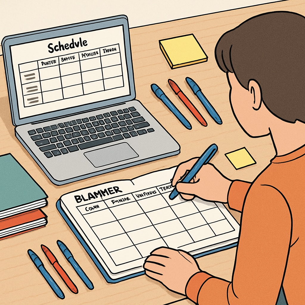 A student organizing their schedule with a planner and digital tools. A student using a planner to practice time management skills in school.
