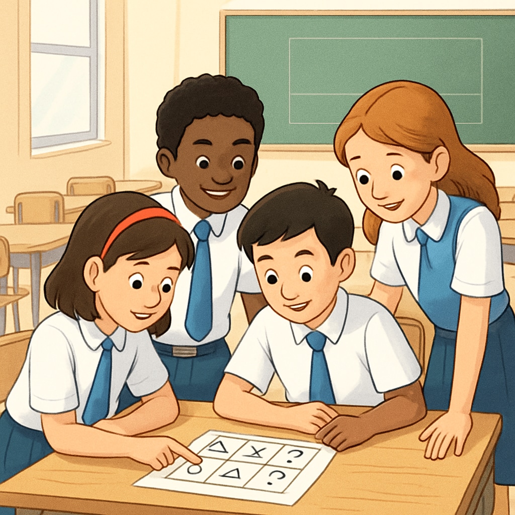 A group of students working together on a logic puzzle at school, illustrating teamwork and problem-solving skills. Students solving puzzles collaboratively to highlight math's cognitive benefits.