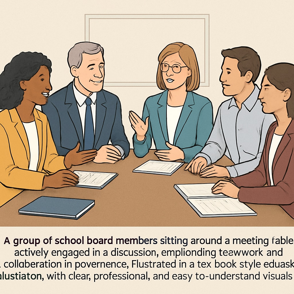 A group of school board members engaged in a discussion at a meeting table, highlighting collaboration in governance. School board members discussing governance strategies at a meeting table.