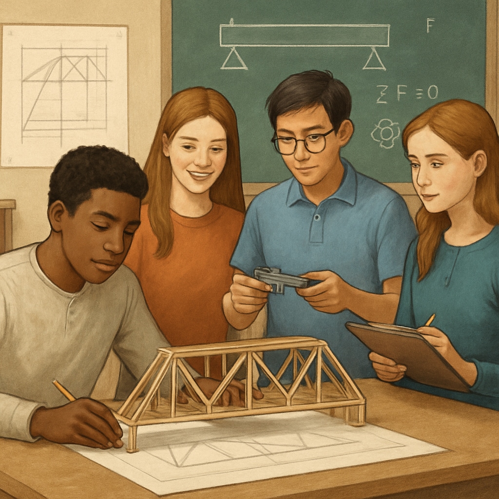 A classroom of high school students engaging in a hands-on engineering project, symbolizing early exposure to design engineering concepts. High school students working on design engineering projects during K12 education.