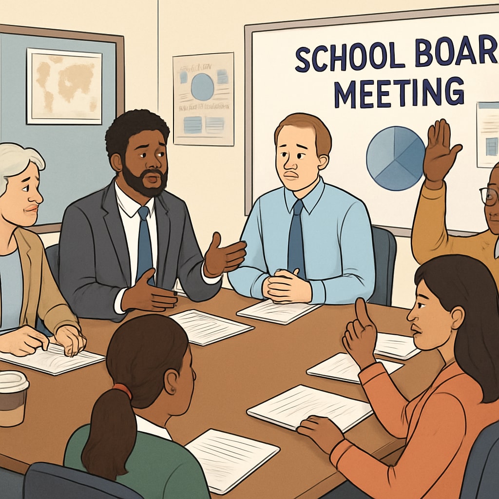 A school board meeting with diverse members actively participating in discussions, emphasizing inclusive decision-making. Diverse school board members engaged in a collaborative decision-making process.