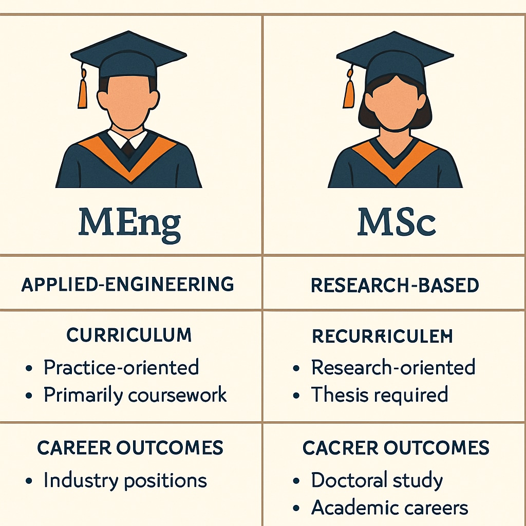 A side-by-side comparison chart of MEng and MSc programs, illustrating their differences in focus and career outcomes. Comparison chart of MEng and MSc degrees for design engineering career planning.