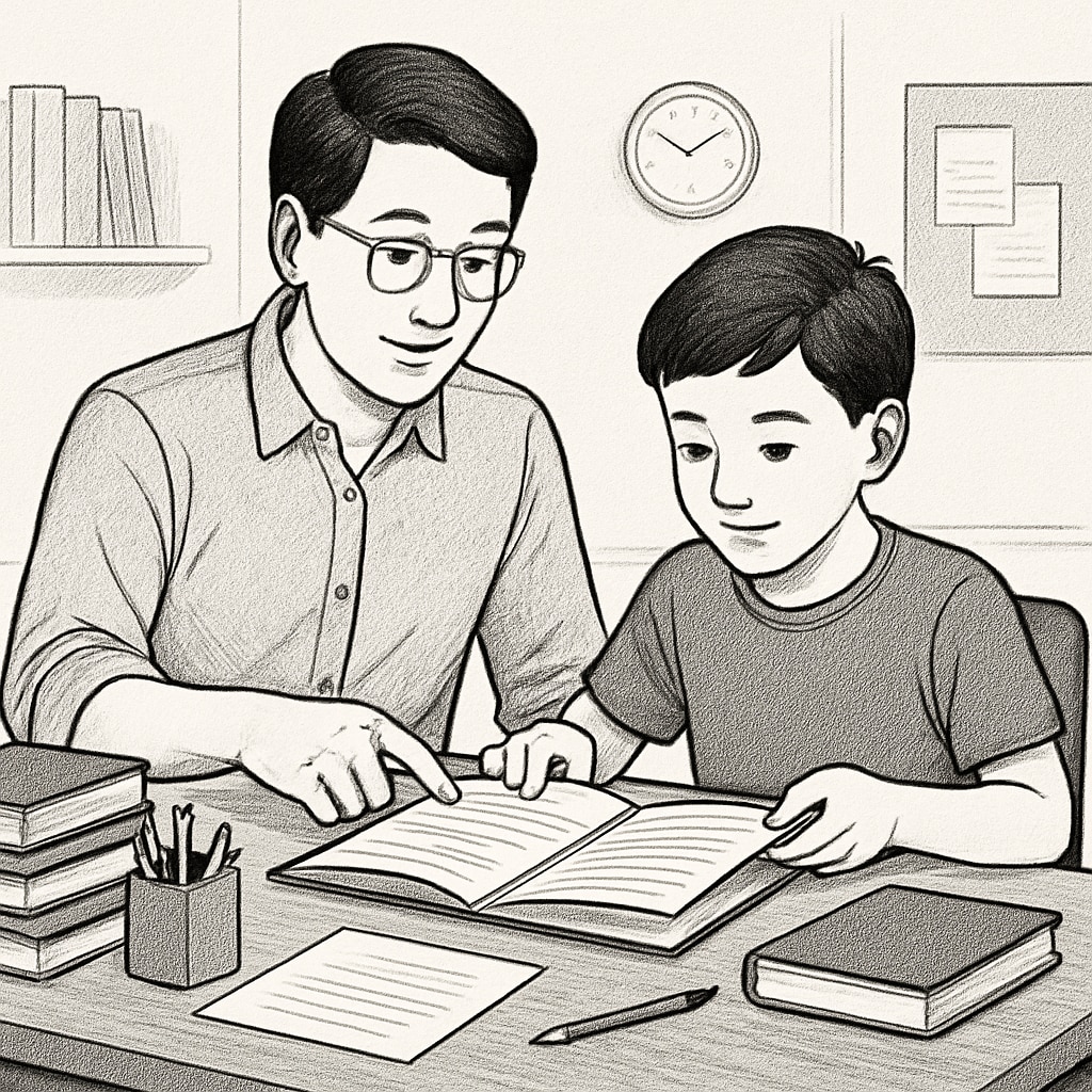 A supportive parent helping a child with ADHD organize their schoolwork at a desk. Parent assisting ADHD child with executive function skills like organizing schoolwork.