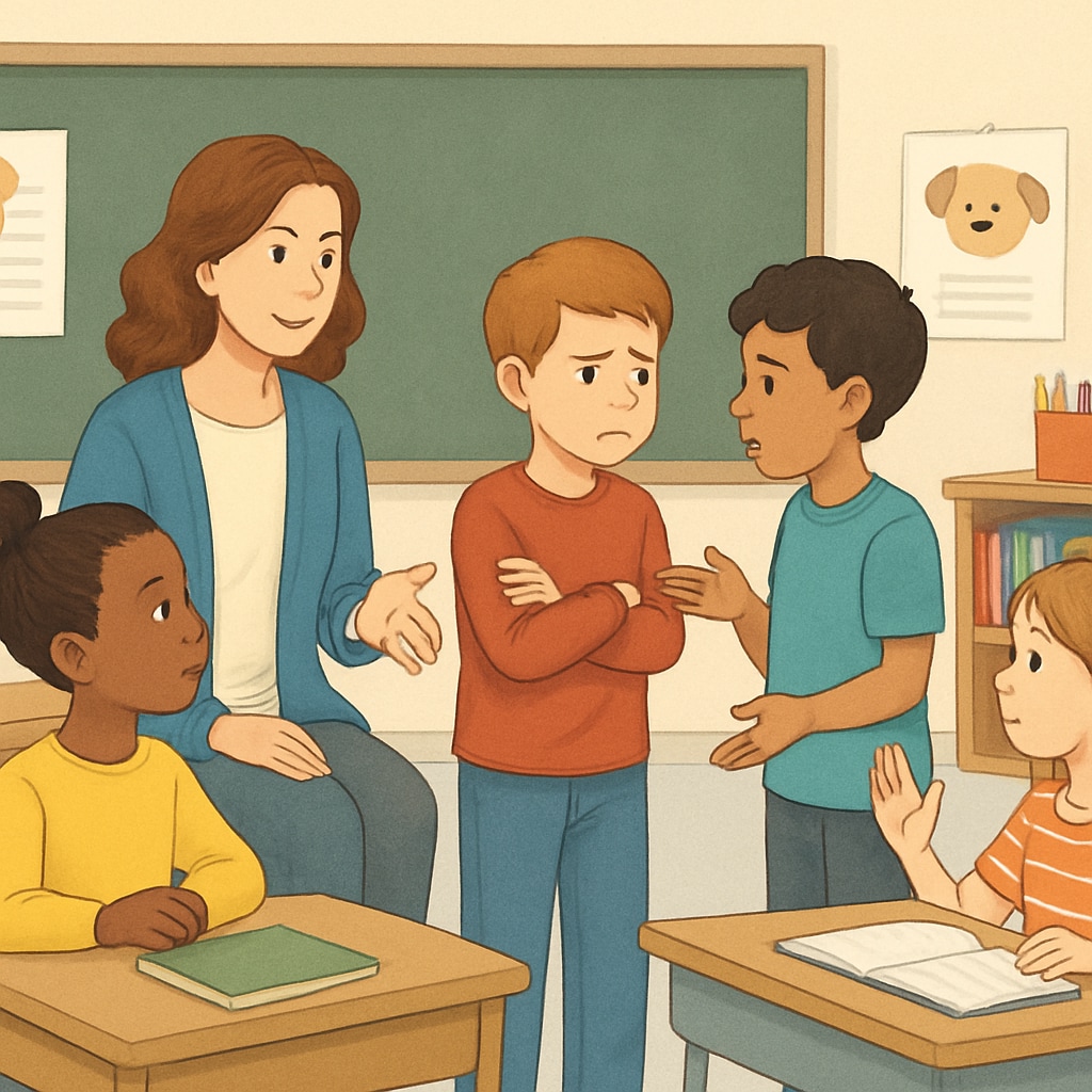 A classroom of children engaging in an emotional education activity, such as discussing feelings or role-playing conflict resolution. Children learning emotional education through role-playing and open discussions.