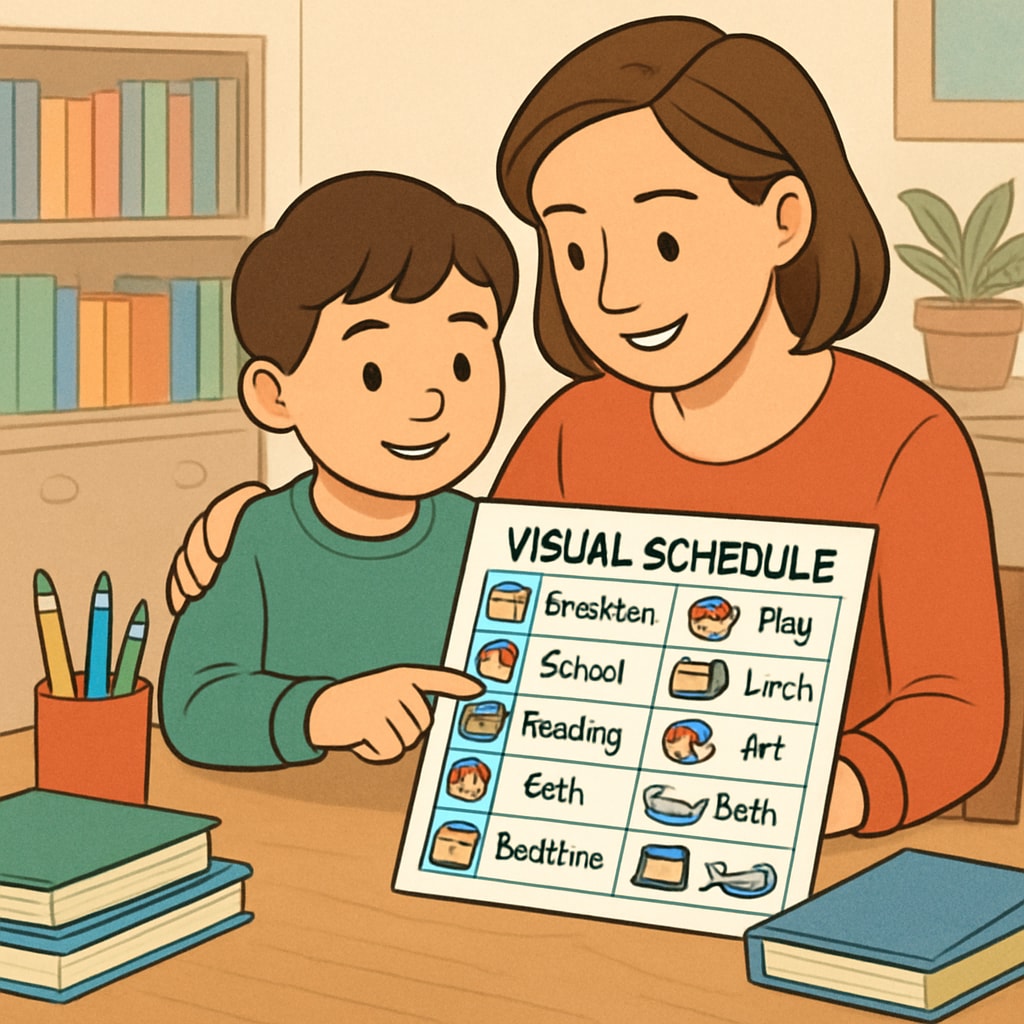 A parent and child using a colorful visual schedule to plan daily activities. Parent using visual schedules to enhance executive function for a child with autism.