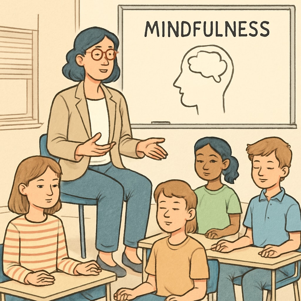 A teacher guiding students through a mindfulness exercise to enhance emotional awareness. A teacher leading mindfulness activities to teach emotional control and awareness.