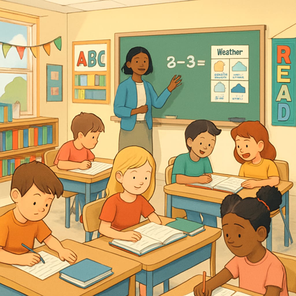 A bright and welcoming elementary school classroom with students engaged in learning activities. Elementary school classroom with students and teacher interacting