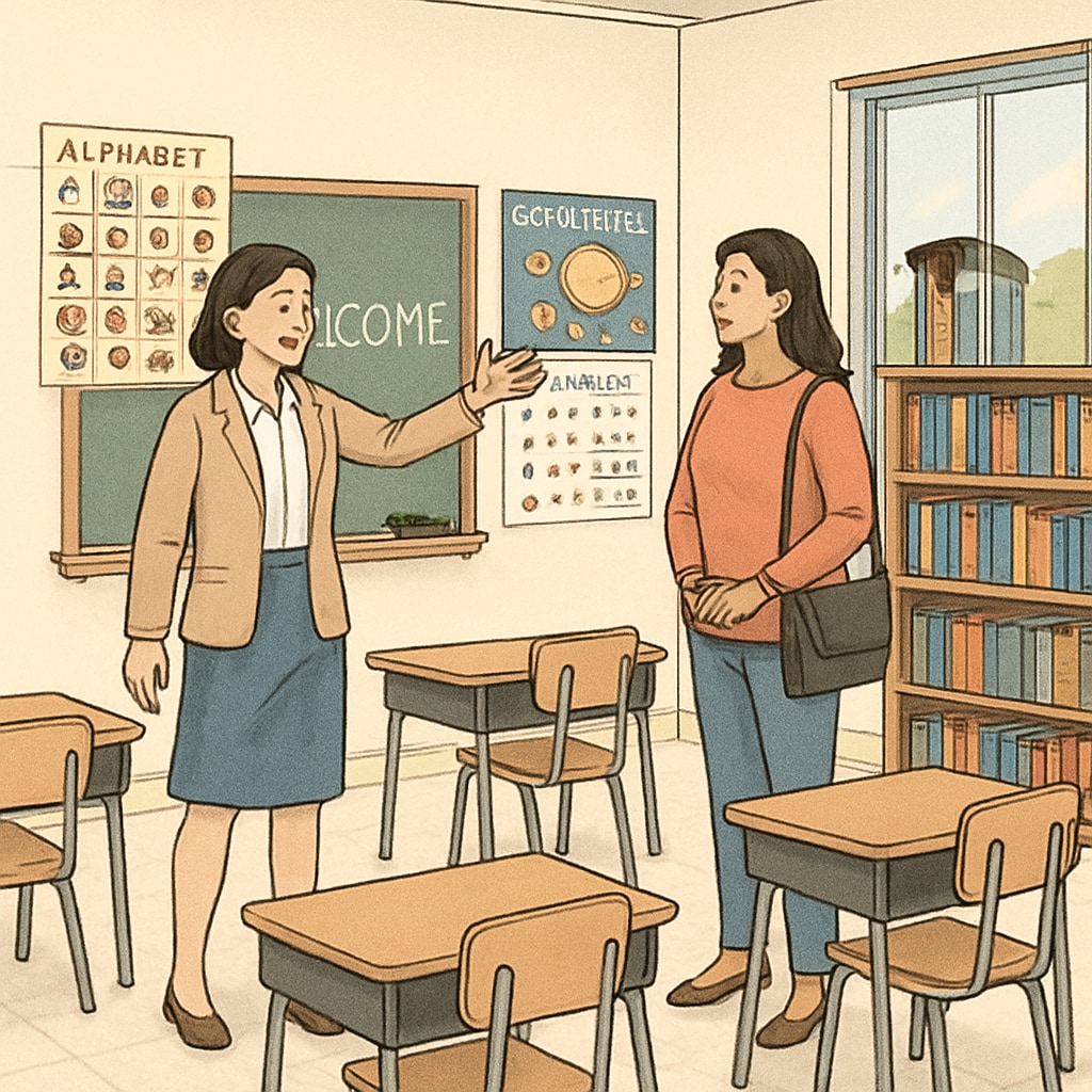 A parent touring an elementary school with a teacher explaining classroom features. Parent and teacher discussing classroom during a school visit