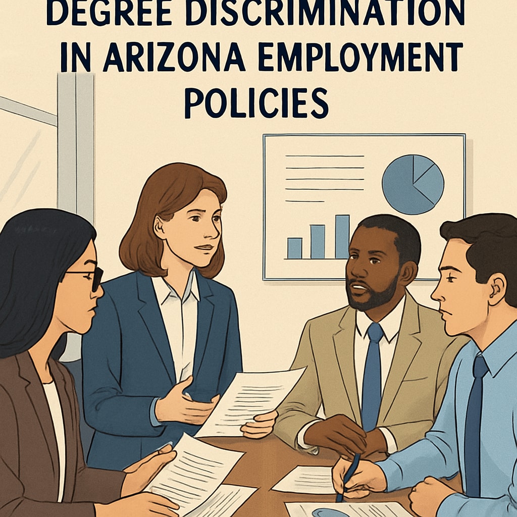 A professional setting with individuals discussing employment qualifications; illustrates the topic of degree discrimination in Arizona employment policies. Professionals discussing employment qualifications in Arizona.