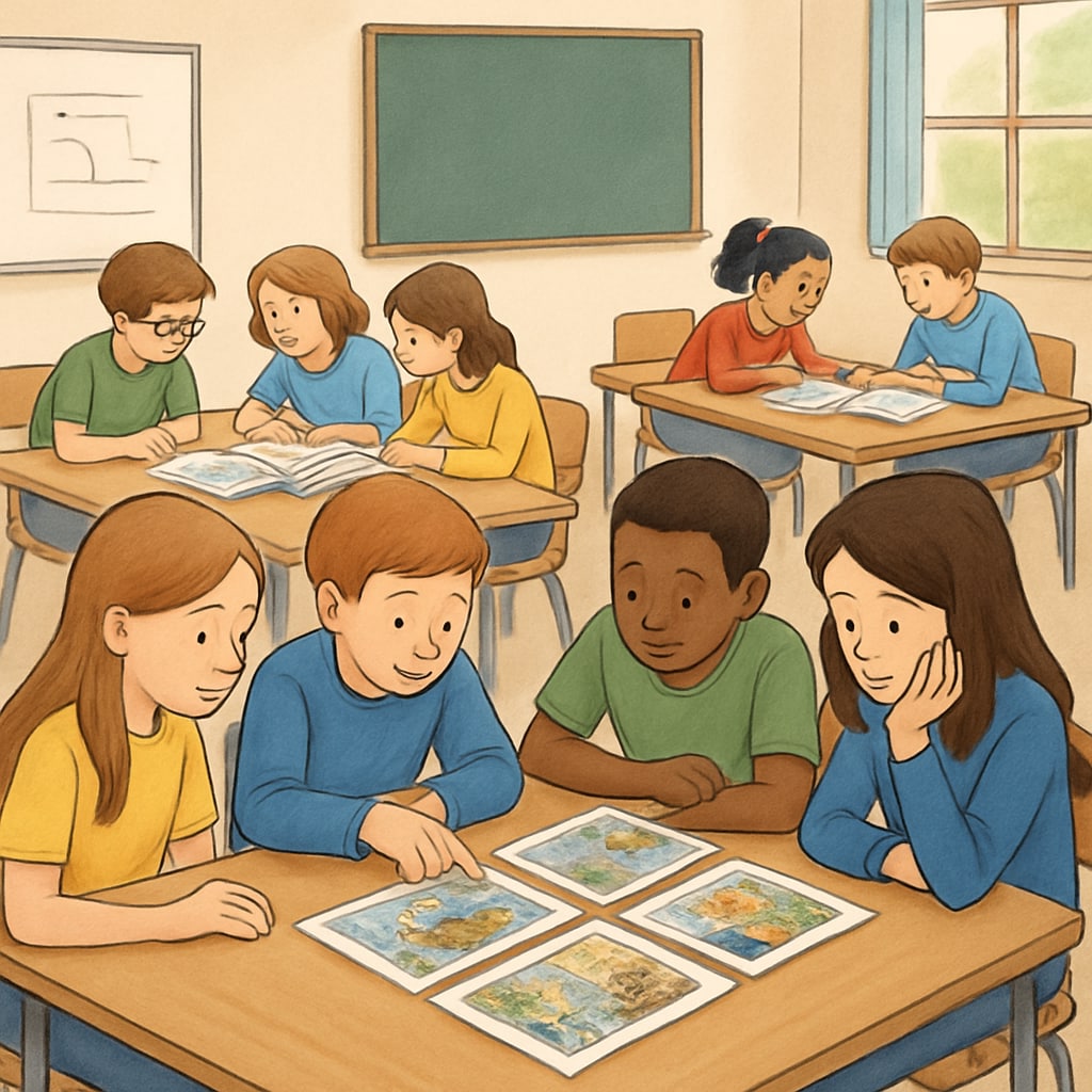 A classroom setting where students collaboratively work on solving a Zoom or ReZoom activity. The image features students seated in small groups, analyzing illustrations from the books. Students working on Zoom and ReZoom teaching activities in a collaborative classroom setting.