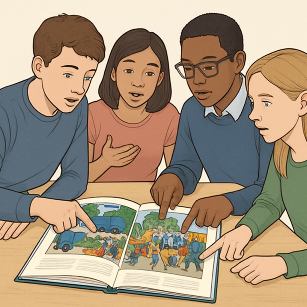 Students discussing and analyzing a Zoom or ReZoom page during group activity. The image showcases students pointing to specific parts of an illustration while sharing ideas. Students analyzing a Zoom or ReZoom page during group work.