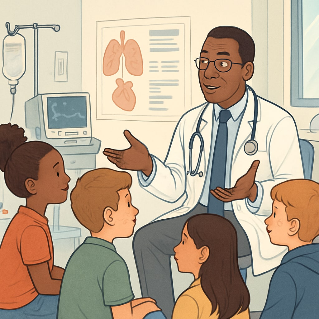 A group of K-12 students interviewing a doctor in a hospital environment, discussing medical career pathways. K-12 students interviewing a doctor about medical careers.