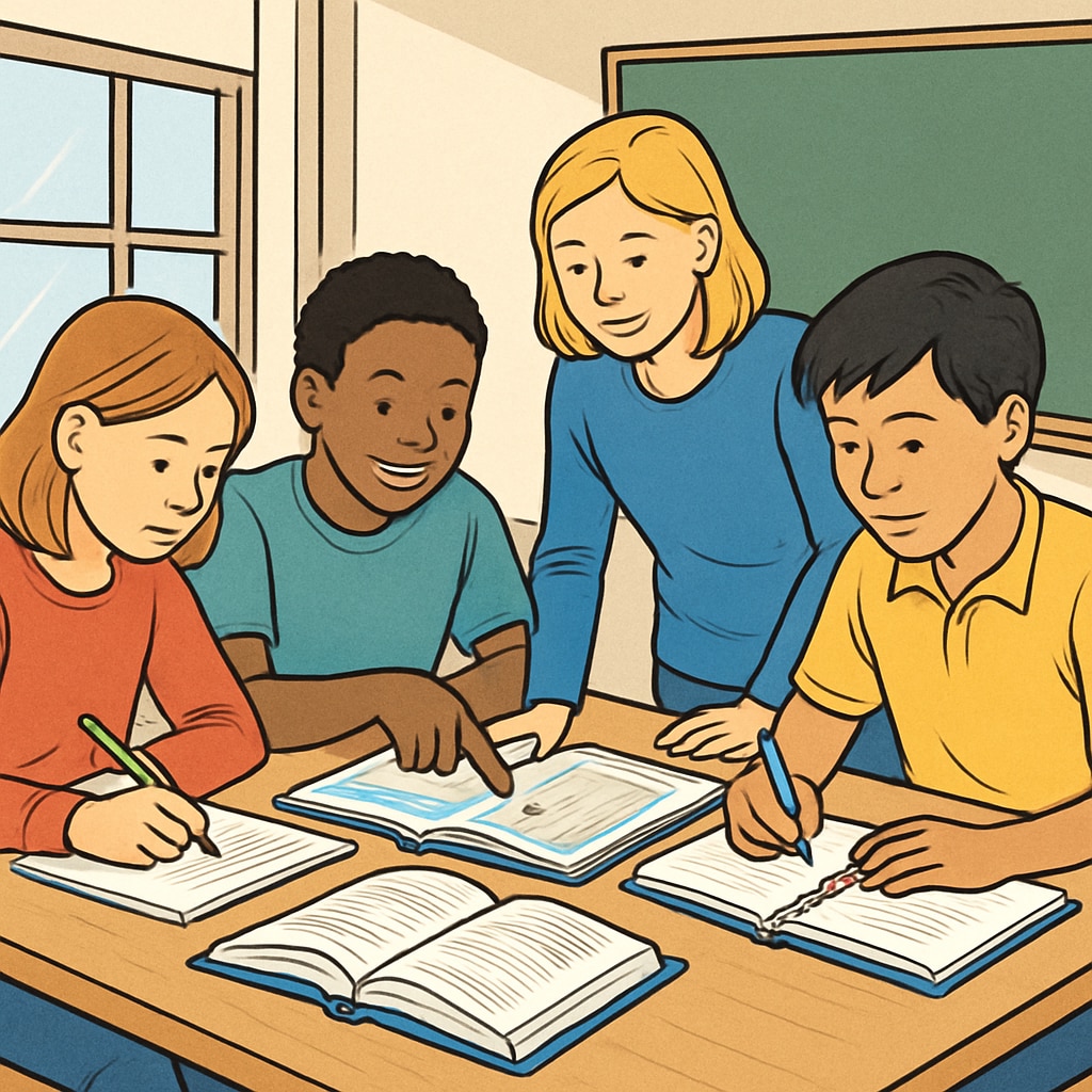 Students participating in group activities, emphasizing collaboration and individual contributions. Collaborative classroom activities promoting teamwork over genius labels.