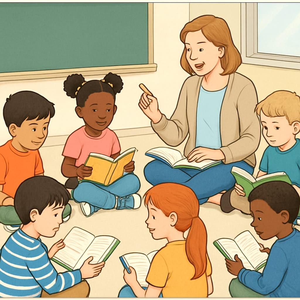 A diverse classroom of young children sitting in a circle, reading books together with a teacher leading the session. Children in a classroom engaging in Whole Language reading activities.