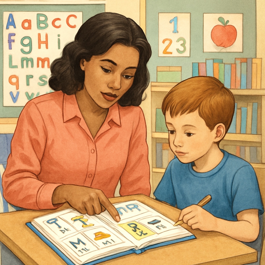 A teacher working one-on-one with a student, using a phonics workbook to practice letter sounds. Teacher and student using Phonics workbook for literacy practice.