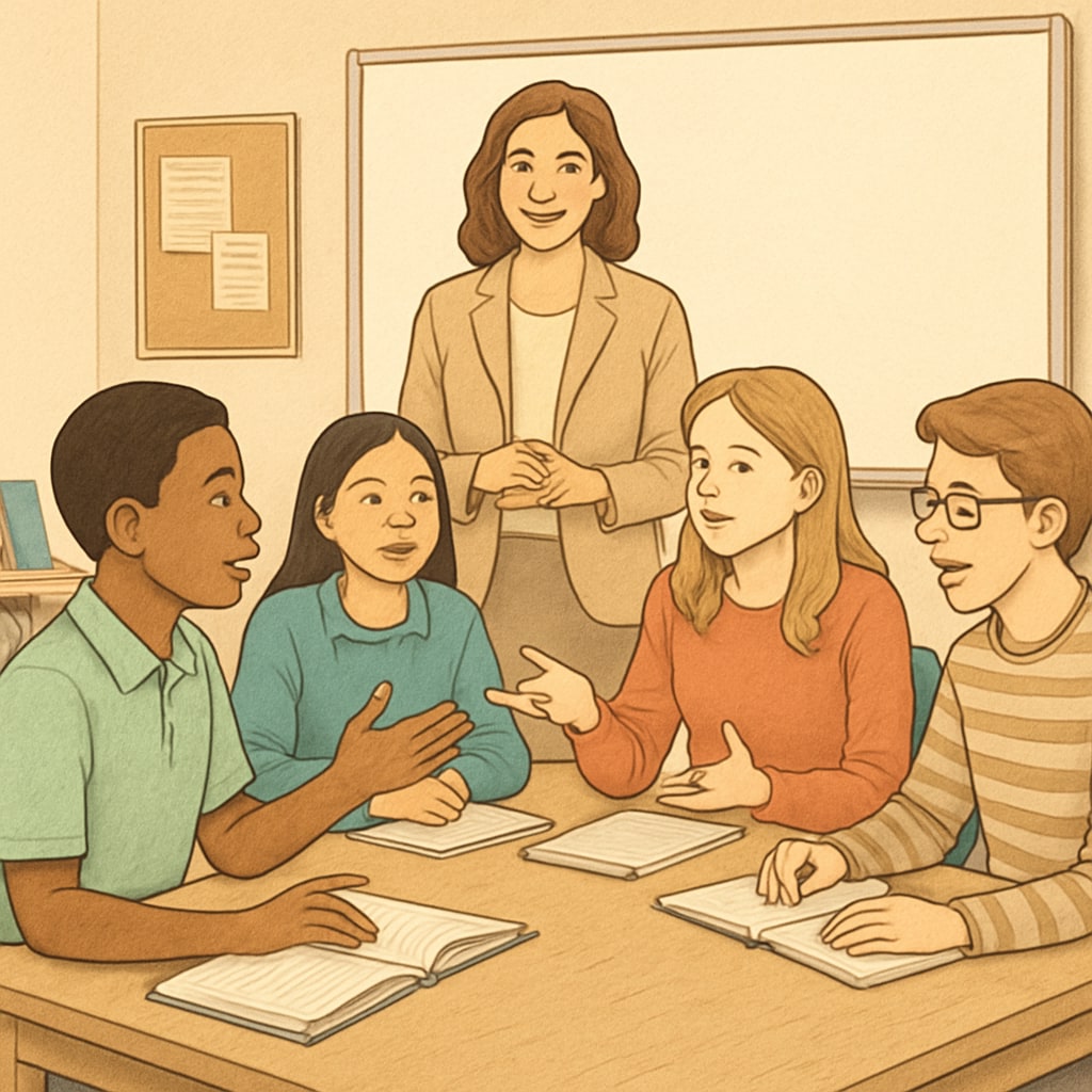 A classroom with students engaged in a group discussion, showcasing collaboration and critical thinking. Students collaborating in a classroom, demonstrating critical thinking and teamwork.