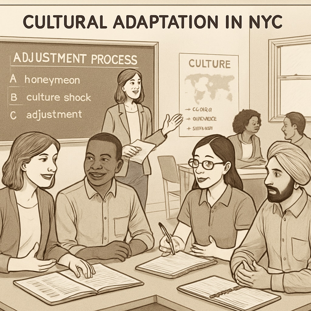 A classroom of adult learners engaging in cultural adaptation workshops in New York City. The image highlights diverse students actively participating. Adult learners in a cultural adaptation workshop in New York City