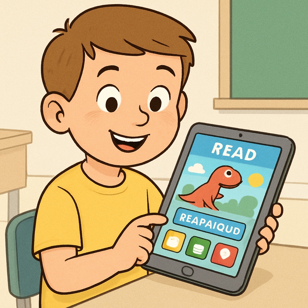A friendly child holding a tablet while reading on a colorful app interface. The image represents the target audience engaging with the children's reading app. Child reading on a tablet with a colorful app interface designed for literacy development.