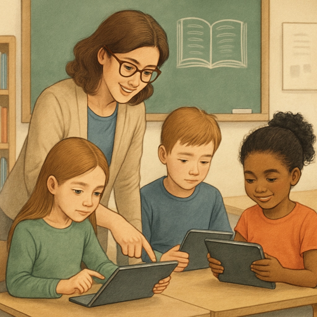 A teacher guiding a group of children using tablets during a reading lesson. The image illustrates the educational potential of the app in classroom settings. Teacher helping children use tablets for reading activities in an educational environment.