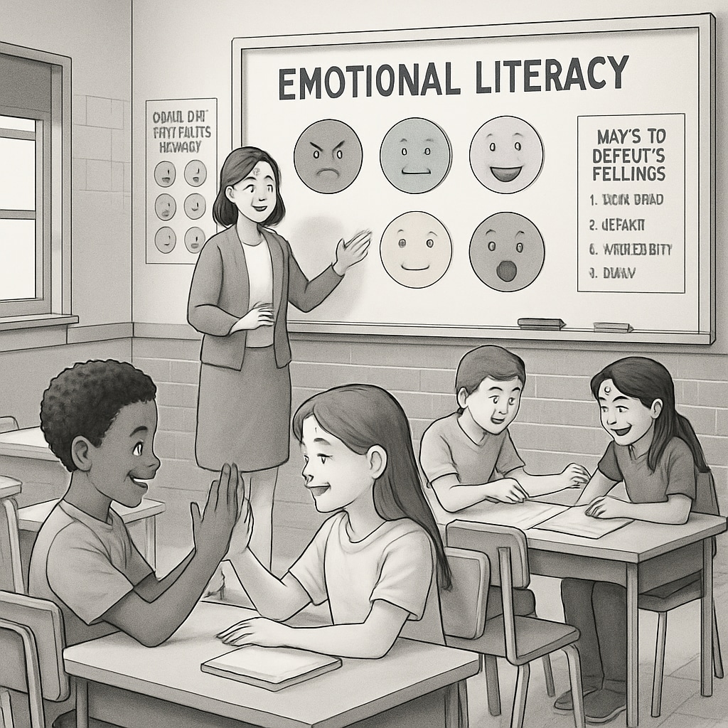 A classroom where students are learning emotional literacy through interactive activities. Students practicing emotional literacy activities in a classroom setting.