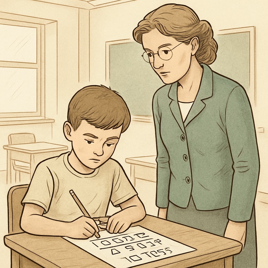 A child sitting at a desk taking an IQ test, with a teacher observing. This image highlights the process of standardized testing for gifted children. Gifted children taking an IQ test with teacher supervision