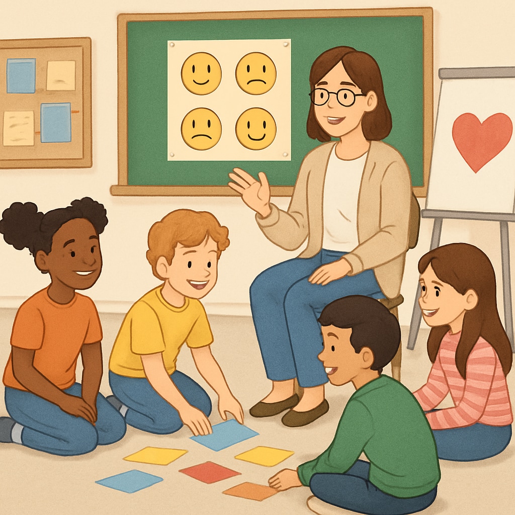 A teacher facilitating a social-emotional learning session with students. A teacher guiding students through a social-emotional learning exercise.