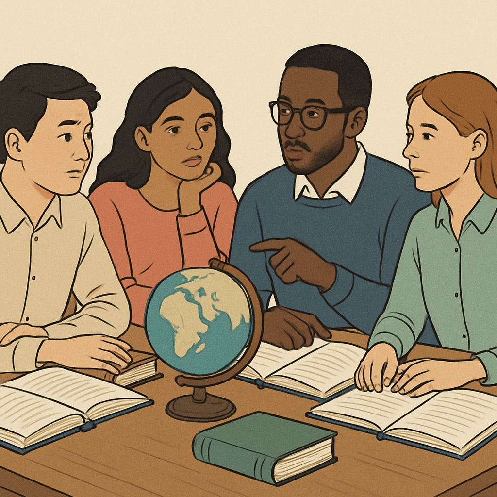 A diverse group of international students discussing their graduate school plans, representing global education aspirations. International students discussing U.S. master's degree applications and global education options.