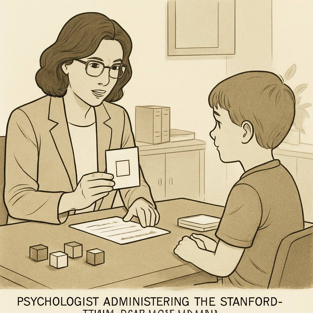 A psychologist administering the Stanford-Binet test to a child in a clinical setting. This image emphasizes the individual-focused nature of certain standardized tests. Psychologist conducting Stanford-Binet test for gifted children