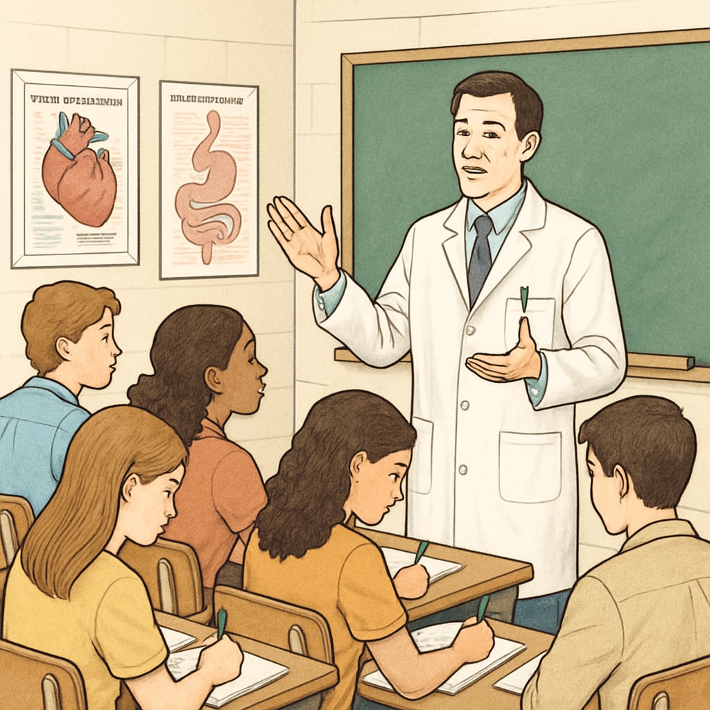 A group of high school students interviewing a doctor in a school setting. The doctor is explaining their daily duties, while students take notes. High school students conducting a doctor interview for a medical career planning school project.