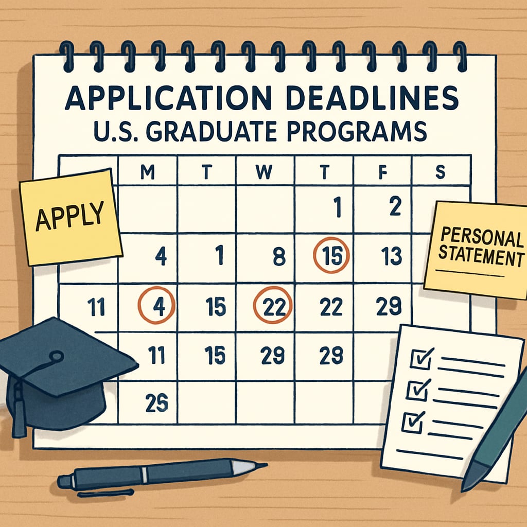 A calendar marked with application deadlines for U.S. graduate programs, symbolizing strategic planning for study abroad. A calendar highlighting deadlines for U.S. master’s degree applications.