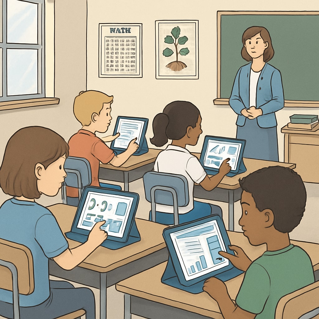 A classroom setting where students are using AI-powered tablets for personalized learning. The image shows students engaged with adaptive learning software. AI in education, students using AI-powered tablets in a classroom.