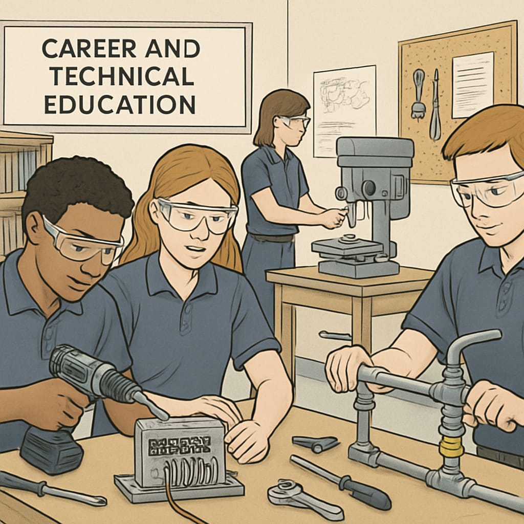 A classroom where students are engaged in hands-on technical training, representing Career and Technical Education (CTE). Students participating in a hands-on CTE training session.