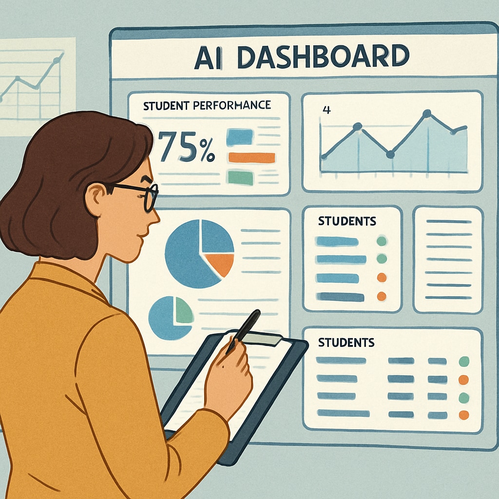 An educator analyzing student performance metrics on an AI-powered dashboard. The image highlights the role of AI in providing data-driven insights. AI in education, teacher using AI dashboard to track student progress.