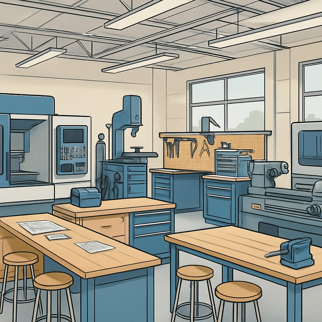 A modern CTE training facility featuring advanced machinery and tools, demonstrating district-level implementation. CTE training facility with advanced machinery and tools.