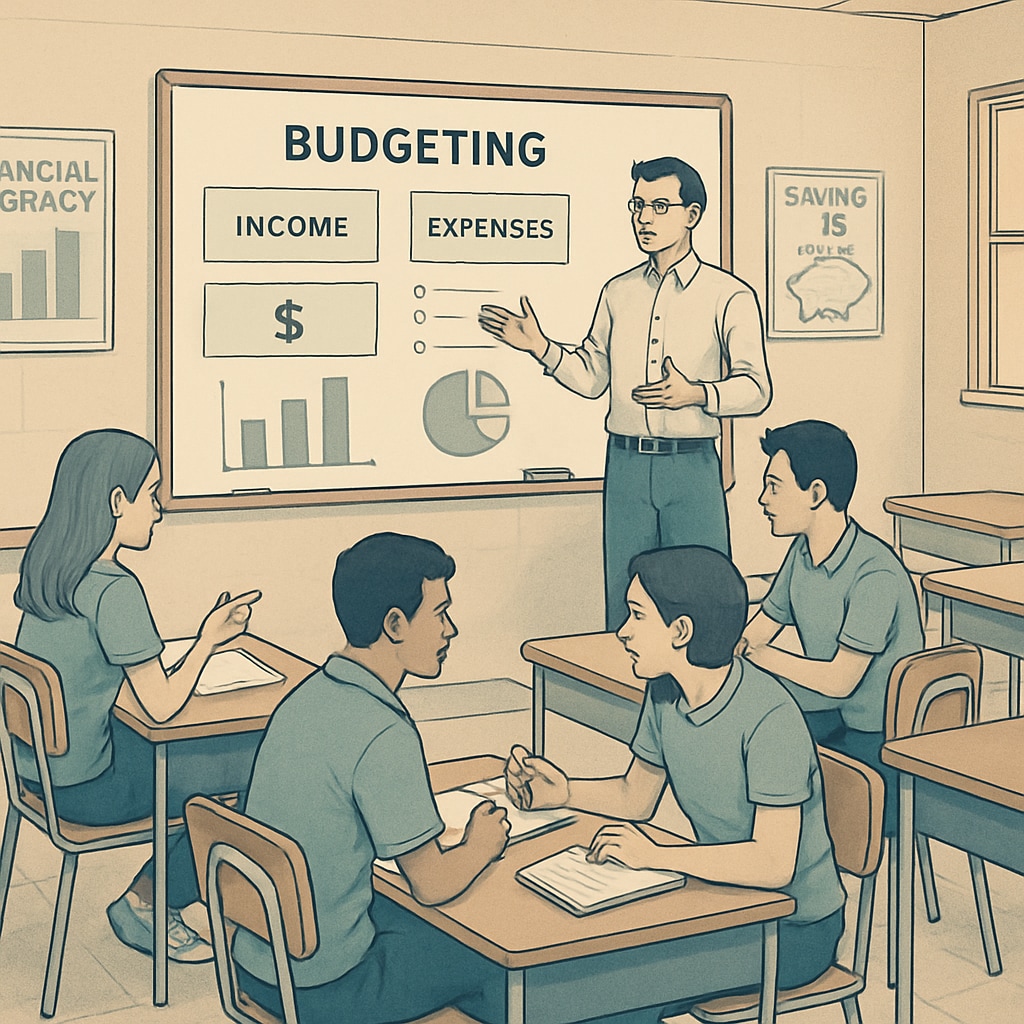 A classroom of high school students actively participating in a financial literacy workshop, with a teacher explaining budgeting concepts on a whiteboard. A high school financial literacy class with a teacher and students discussing budgeting.
