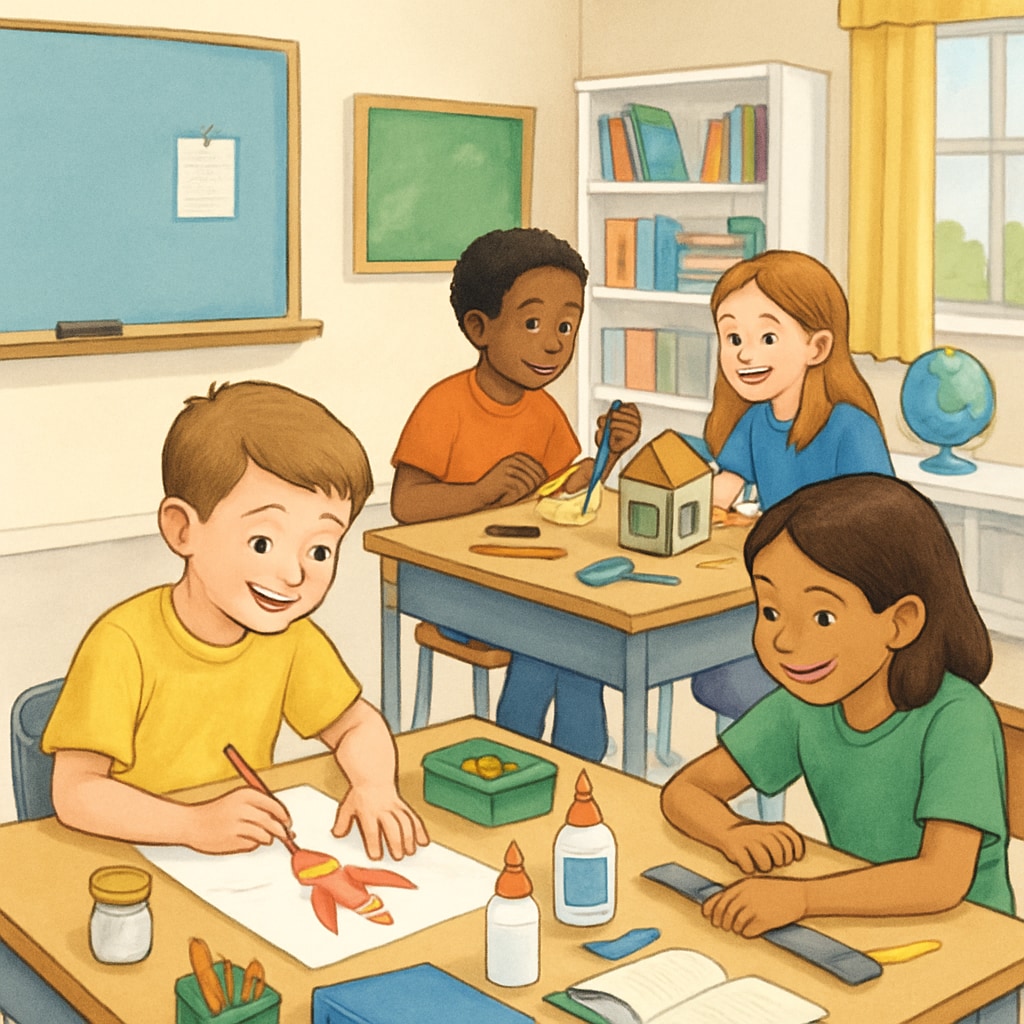A classroom environment with students working on creative projects together, emphasizing hands-on learning. ADHD students engaging in hands-on learning and creative collaboration.