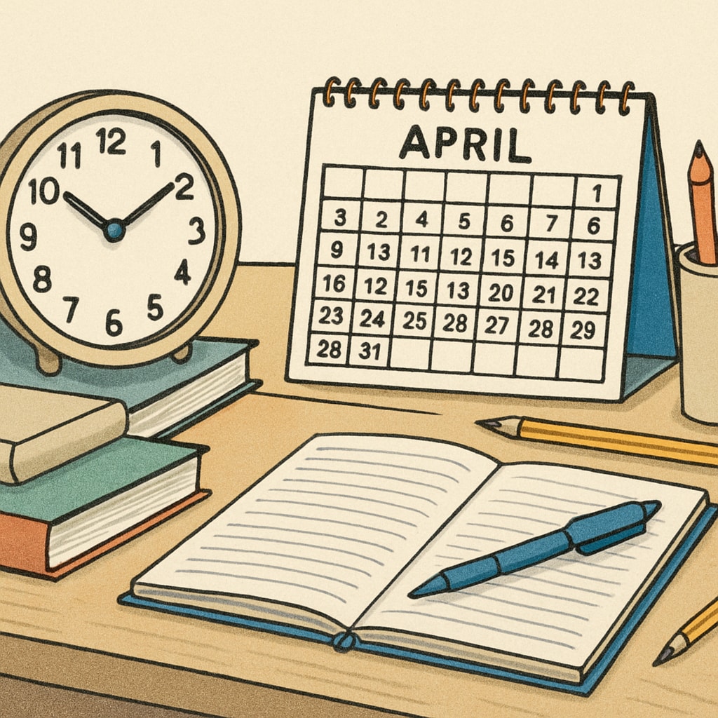 A clock and calendar placed on a student’s desk alongside study materials, representing the importance of time management. A desk setup showing tools for time management, including a clock, calendar, and study materials.
