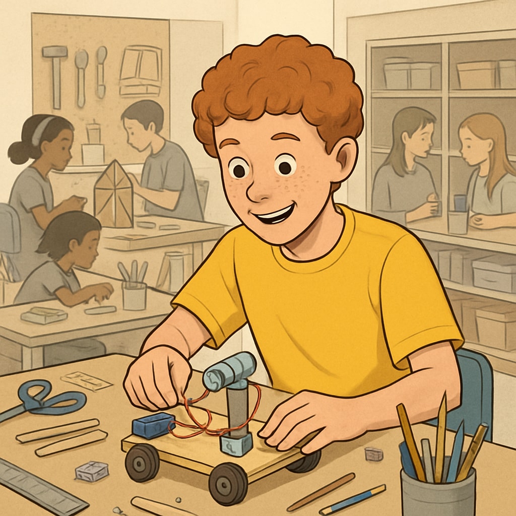 An ADHD student excelling in a creative arts or STEM workshop, demonstrating unique problem-solving skills. ADHD student excelling in STEM or creative activities, showcasing potential.