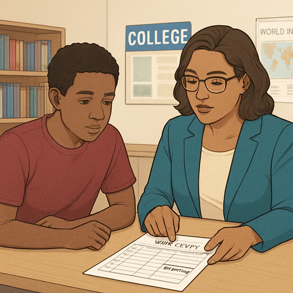 A student reviewing their high school transcript with a counselor, highlighting areas of credit deficiency. Student and counselor discussing high school credit deficiency.