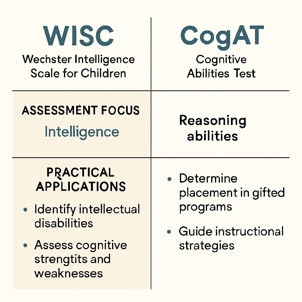A visual chart comparing the key features of WISC and CogAT in terms of their assessment focus and practical applications. Comparison chart illustrating WISC and CogAT as tools for assessing children's talents.