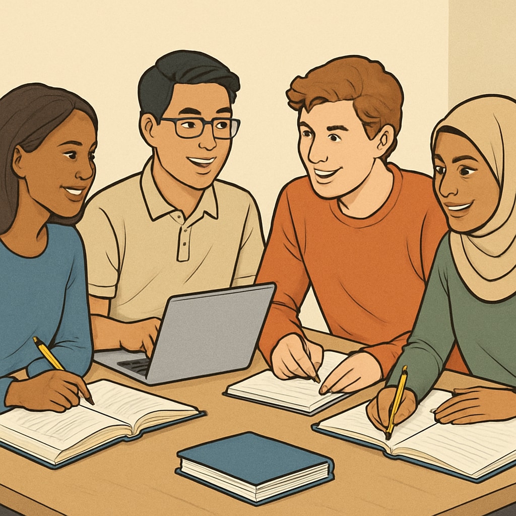 A diverse group of students working together in a study group, showing collaboration and mutual support. Students in a study group supporting each other with academic tasks.