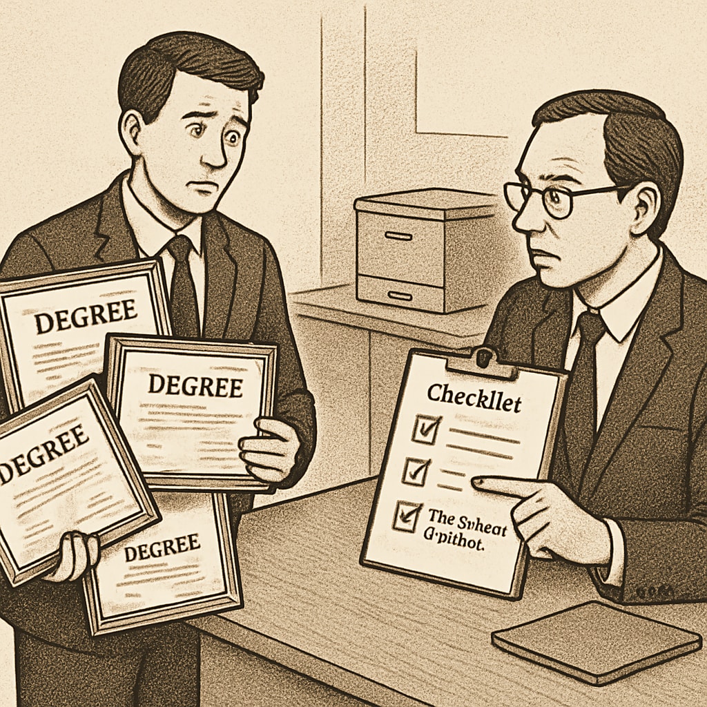 A professional illustration of a job applicant holding multiple degrees but being denied due to the lack of a high school diploma. An applicant with multiple degrees denied a job due to missing high school diploma.
