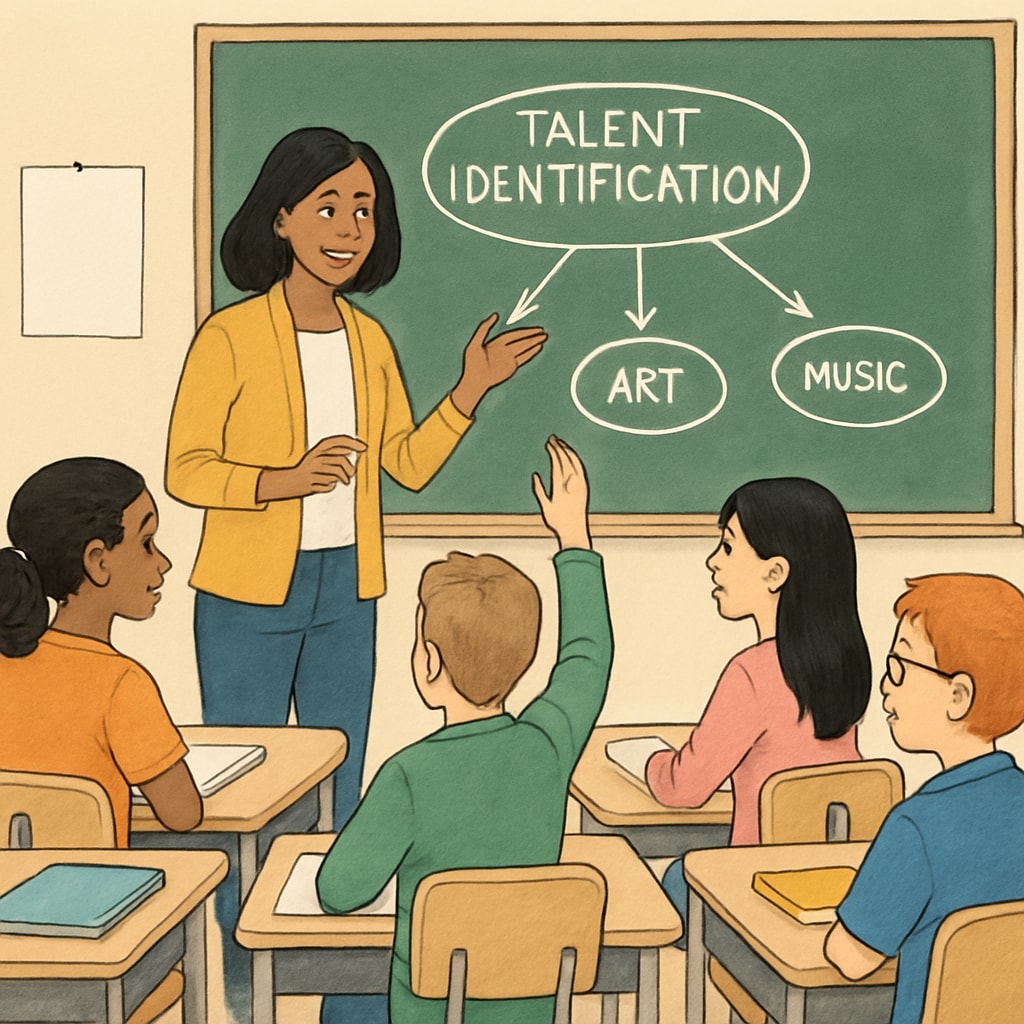 A classroom setting where a teacher is engaging with a diverse group of students, symbolizing the importance of multi-dimensional talent identification. Teacher interacting with students to highlight multi-dimensional approaches in assessing gifted children.