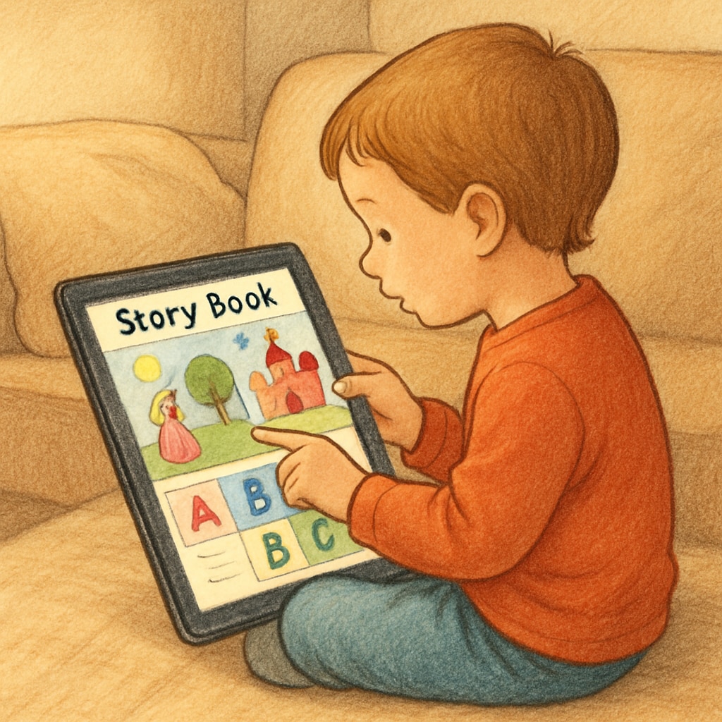 A child using a tablet while reading a colorful storybook app in a cozy environment. Child reading a storybook on a tablet with a children's reading app.