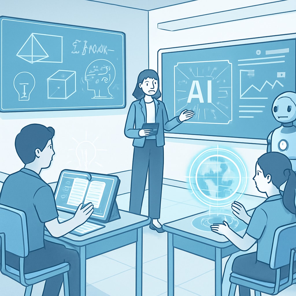 A futuristic classroom where AI-powered tools and holographic displays are being used for teaching, symbolizing the integration of technology in education. AI-powered futuristic classroom symbolizing 2030 education trends
