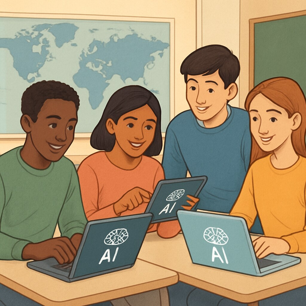 A diverse group of students collaborating on a virtual project using AI tools, highlighting the influence of globalization on education. Diverse students using AI tools for global collaboration in education