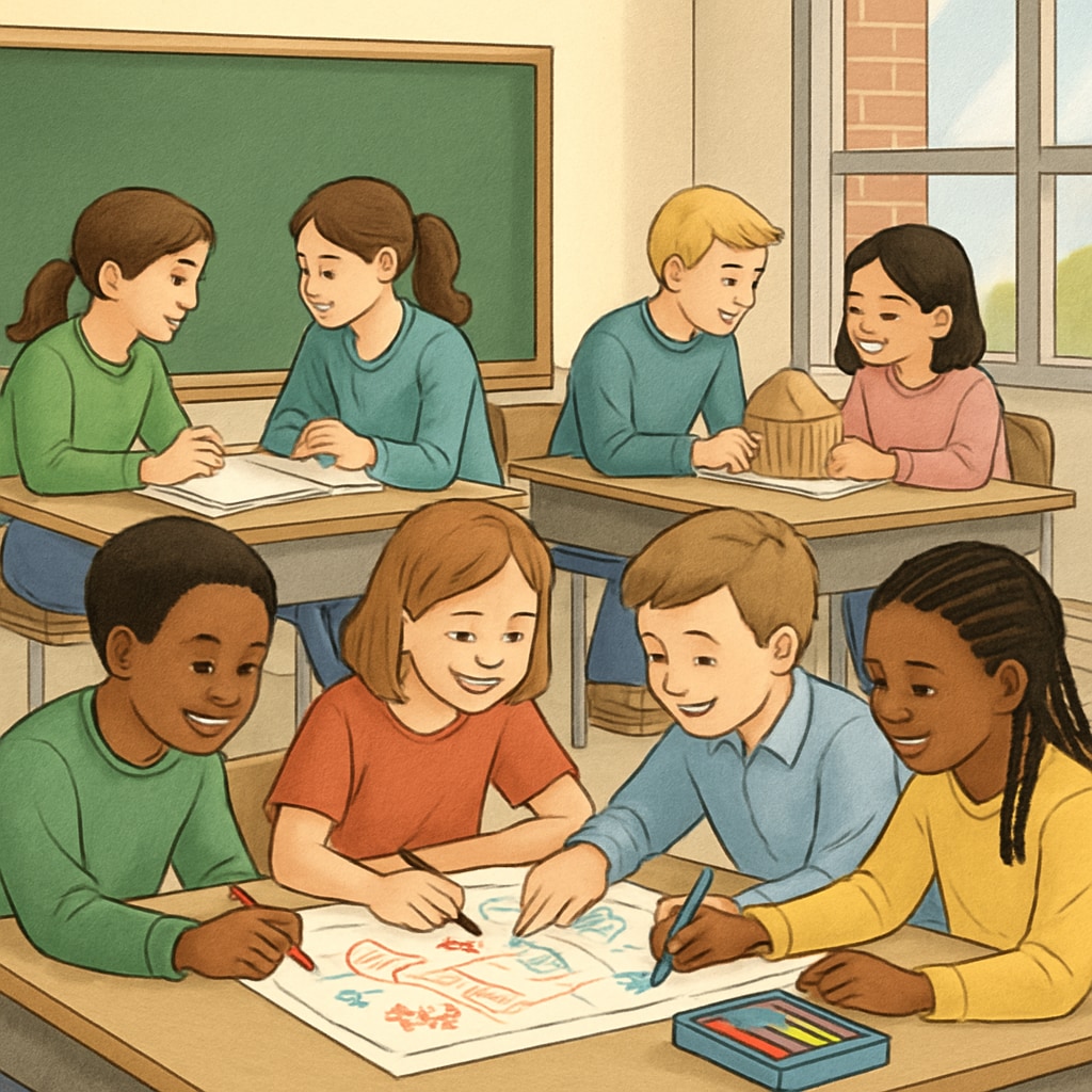 A classroom setting where students work on collaborative projects. The image illustrates alternative assessment methods that emphasize teamwork and creativity. Students engaged in collaborative projects, reflecting alternative educational indicators.